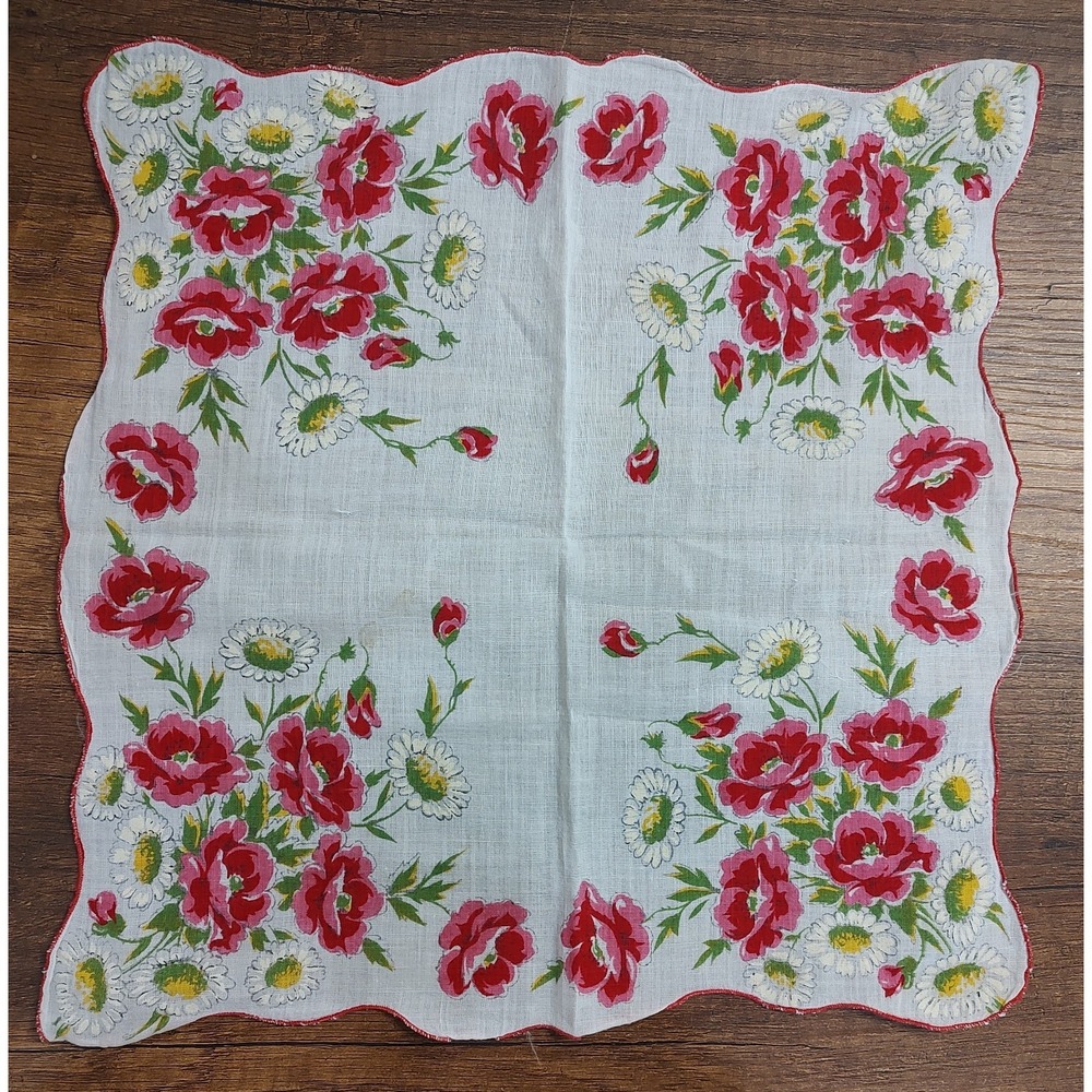VTG Handkerchief Hankie Floral Scalloped Edge Red Poppies 12 in Cottagecore Z19